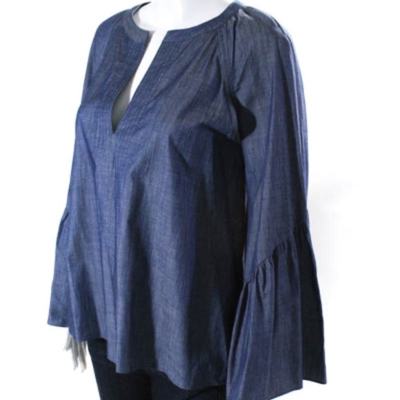 BCBGMaxazria Suzie Bell Sleeve Deep Chambray Top | Denim 80s 90s Inspired Blouse - Picture 5 of 6